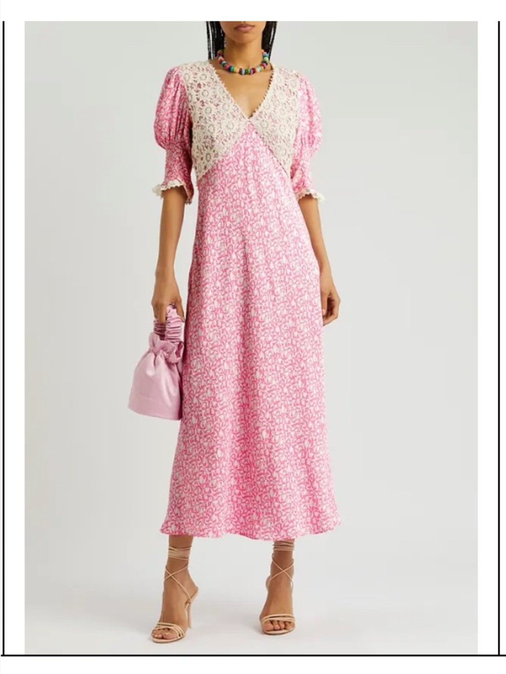 RIXO Pink Lace-Detail Midi Dress